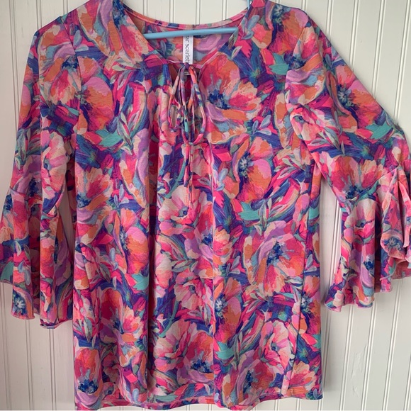 Dear Scarlett Tops - Dear Scarlett (M) Vibrant Floral Blouse in Pink and Blue